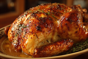 Perfectly roasted whole chicken with herbs and glazed skin