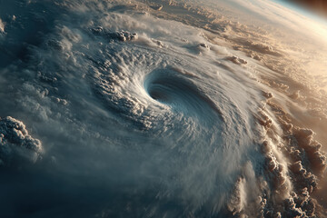 Aerial view of a gigantic cyclone over the ocean at sunset