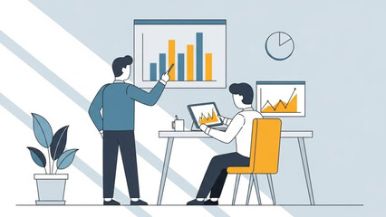 Business professionals analyzing financial graphs and charts on digital devices and presentation boards in a modern office environment Whisk