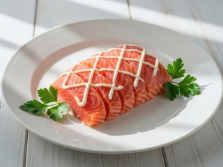 Delicious salmon fillet on a white plate with sauce and parsley on a rustic wooden table