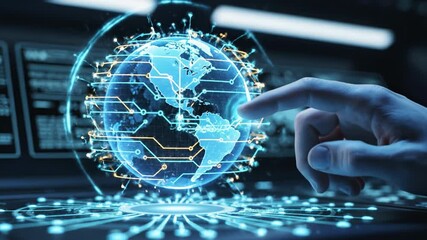 Digital globe technology futuristic interface hand interaction global network data visualization innovation virtual reality holographic display advanced digital connection cyber world visualization - Powered by Adobe