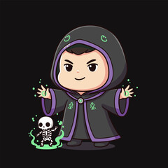 Chibi Necromancer Conjuring a Skeleton with Magical Green Energy.