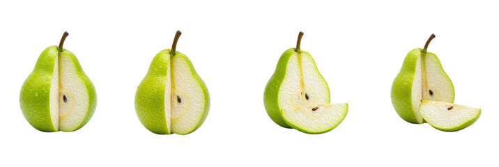 Set of Fresh Whole Green Pears and Sliced Pear Halves, Oil Paint Style, Isolated on Transparent Background, PNG