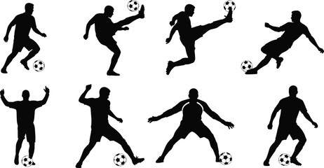 Soccer player silhouette set with football action poses, male athletes kicking and dribbling ball in black vector sport illustration