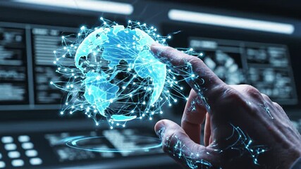 Digital globe network connection with hand holographic interface showcasing futuristic technology communication and interactive global data visualization dark environment touchscreen display - Powered by Adobe
