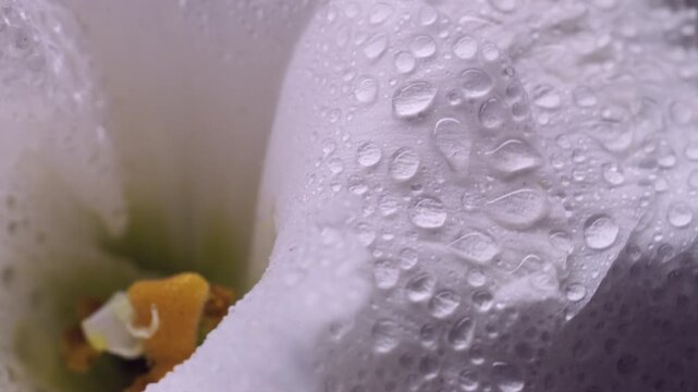 Liquid petals. Blossom texture. Defocused white color nature flower plant eustoma yellow pistils wet drop on tropical abstract background.