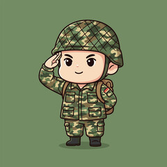 Cartoon Soldier Saluting in Camouflage Uniform with Backpack.