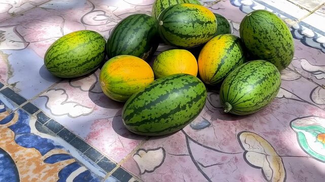 Freshly Harvested Watermelons and Melons Displayed on Decorative Tiled Surface
