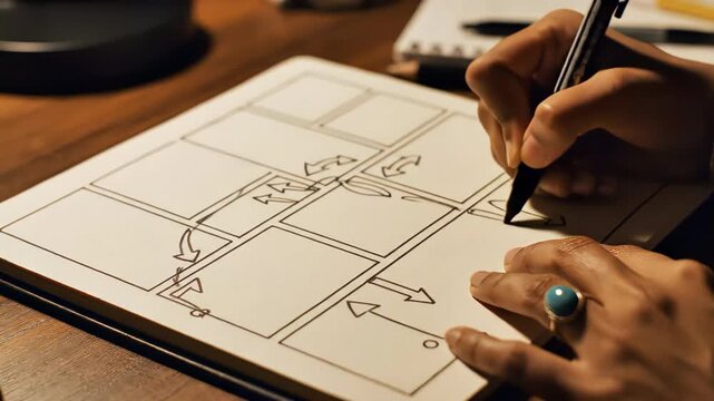 Creative hands drawing a visual storyboard or workflow on blank comic panels in a notebook.