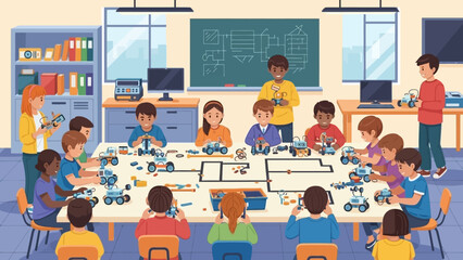 Illustration of children and teachers building and playing with robotics in a classroom with educational tools and technology.