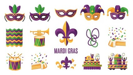 Fototapeta premium Mardi gras celebration icons isolated on white background
