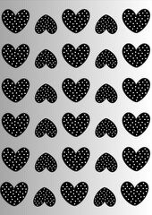Abstract pattern of numerous dotted black hearts, gracefully arranged on a smooth gradient background, symbolizing love, affection, and romance, ideal for graphic design projects