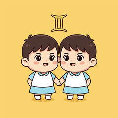 Chibi Gemini Twins Holding Hands Cartoon Illustration.