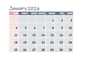 Calendar for January 2026 on white background