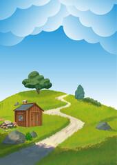 Scenic countryside path leading to a small cabin nestled on a green hill under a cloudy sky