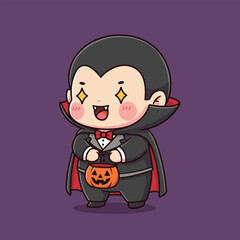 Cute Cartoon Vampire Ready for Halloween Trick-or-Treating.