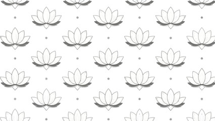 Seamless pattern of gray lotus flowers and dots on a white background with a minimalist design aesthetic.