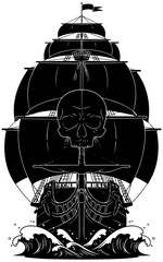Pirate ship with skull sailing through ocean waves in black and white © SaiKir