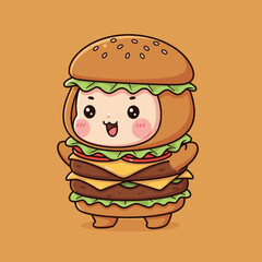Adorable Cartoon Character Dressed as a Delicious Double Cheeseburger.