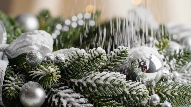 Extreme slow motion close-up of fine white artificial snow delicately dusting a lush green and silver holiday wreath against a soft cream background seasonal transition, cold theme, christmas time