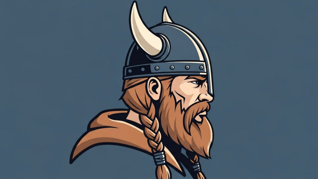 Cartoon viking warrior with braided beard and horned helmet on blue background