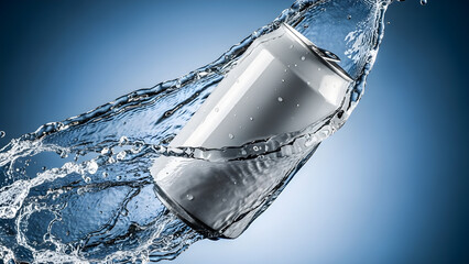 Refreshing water bottle splash in clear blue gradient background