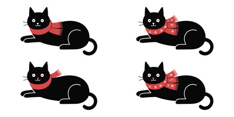 cute munchkin cat wearing Santa hat icon set featuring a black kitten and calico feline with snowflake elements for seasonal winter holiday graphic design. © MDABUBOKKOR