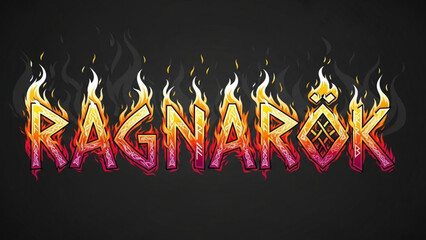 Ragnarok fiery logo with flames on black background, bold graphic design