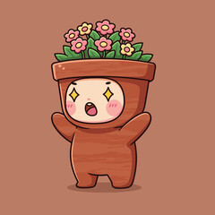 Adorable Flower Pot Character with Starry Eyes and Open Mouth.
