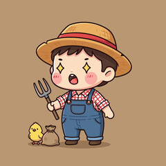 Cartoon Farmer Boy with Pitchfork and Chickens Illustration.