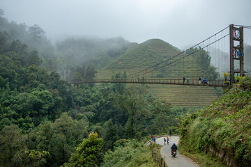 Suspension bridge in the forest on a cloudy day - Sapa, Vietnam