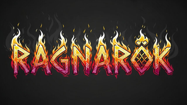 Ragnarok fiery logo with flames on black background, bold graphic design