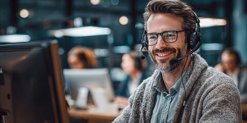 Professional Customer Service Representative: An experienced, kind customer service professional, attentively providing assistance through a headset, embodies support.
