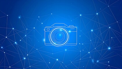 A digital illustration showing a camera outline with interconnected dots and lines, set against a vibrant blue backdrop