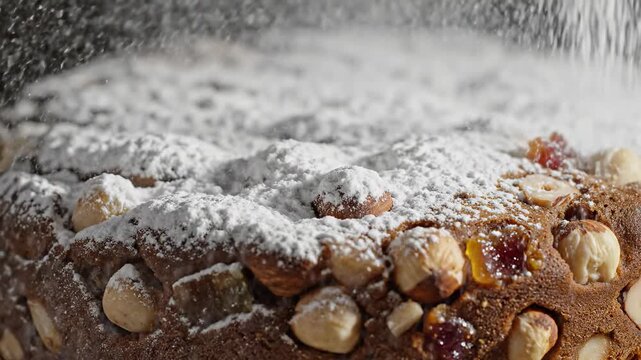 Extreme slow motion close-up of fine white powdered sugar gently raining down and dusting the rough textured top of a rich dark Italian Panforte Italian, slowmo, motion