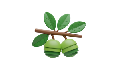 3D cartoon olive branch with leaves and olives on transparent background