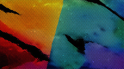 Digital illustration of a mosaic pattern featuring a blue vector world map and the grunge nature silhouette of a woman and dolphin swimming in a global underwater sea with fish and sharks © DreamLoom