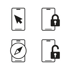 Obraz premium Smartphone navigation and security unlock solid icon set