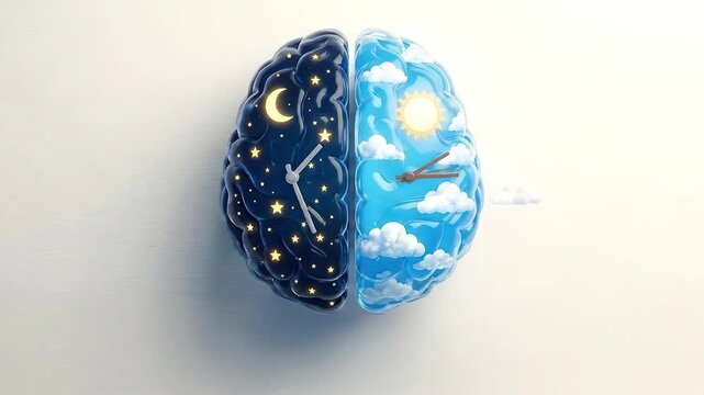 Conceptual Brain Illustrating Day and Night Cycles, Time, and Mental Activity