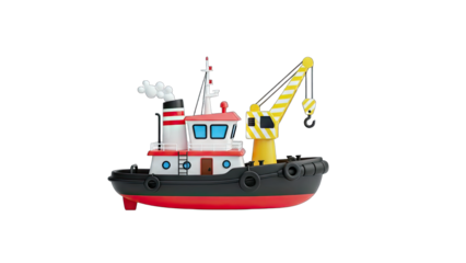 3D Cartoon tugboat with crane on transparent background