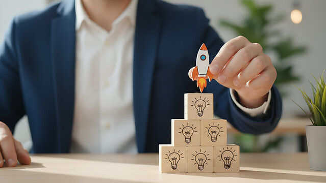 Idea creation and innovative product launching concept. Wooden block with rocket and idea generation icons. Idea creation, innovation and the launch of a new product from concept, Business Innovation