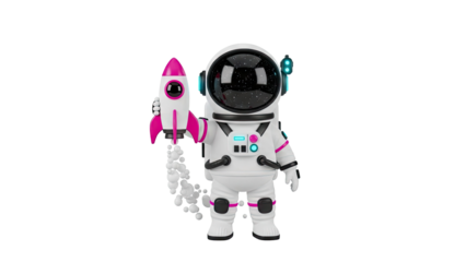 3D Cute cartoon astronaut holding a pink rocket with bubbles on transparent background