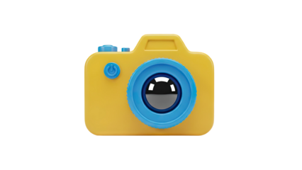 3D Cute cartoon yellow camera with blue details on transparent background