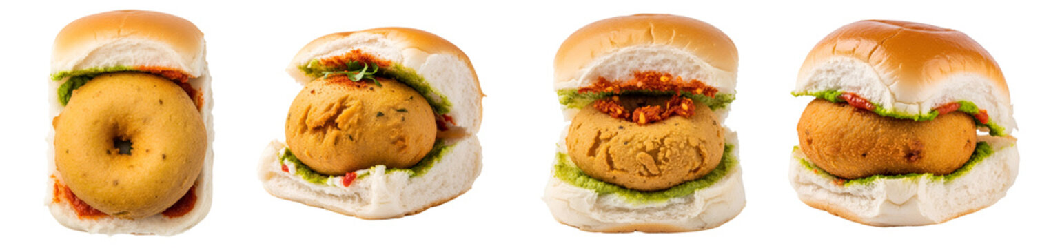 A row of four vada pav sandwiches with chutneys and fillings on a plain surface close up view on transparent background