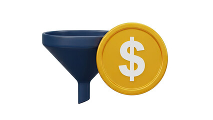 3D Funnel with Dollar Coin on transparent background