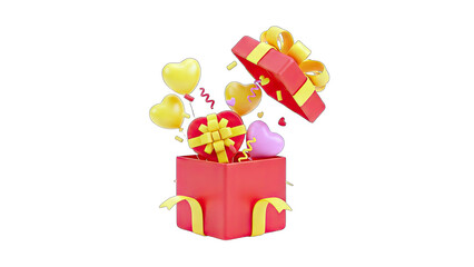 3D Gift Box Opening with Hearts and Balloons on transparent background