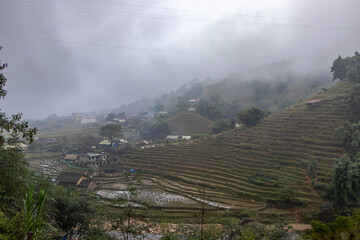 Suspension bridge in the forest on a cloudy day - Sapa, Vietnam