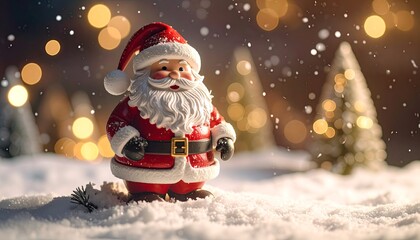 A festive figurine of a jolly, red-suited character stands in a snowy landscape, bokeh lights twinkle behind