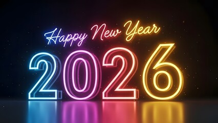 Vibrant Neon Happy New Year 2026 Sign with Colorful Glowing Text on Dark Reflective Background
