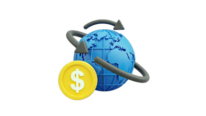 3D Global Finance and Currency Exchange Icon on transparent background